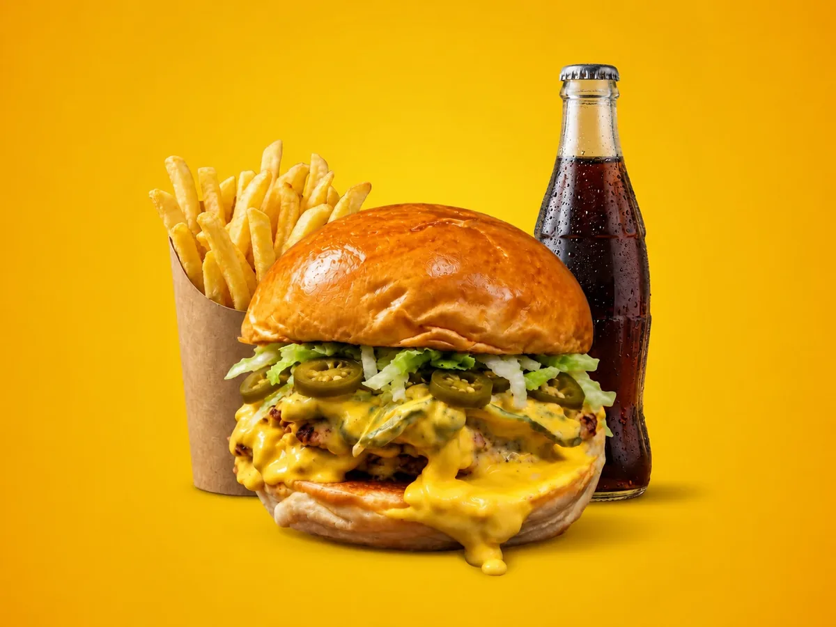 A Cheese Dipped burger in molten cheese with jalapeños, a cup of fries and a cold drink