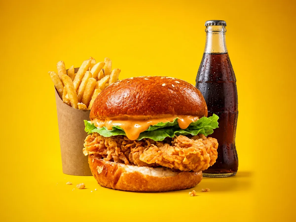 A Crispy Signature burger with orange signature sauce, a cup of fries and a cold drink